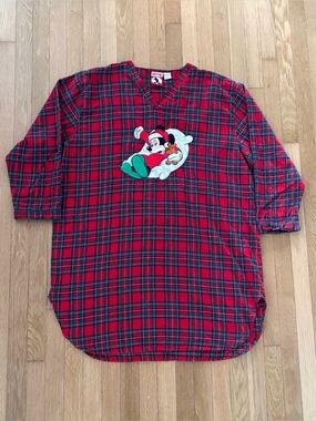Vtg 90s Mickey Inc Disney Parks Plaid Flannel Nightgown Sleep Shirt OSFA Cotton